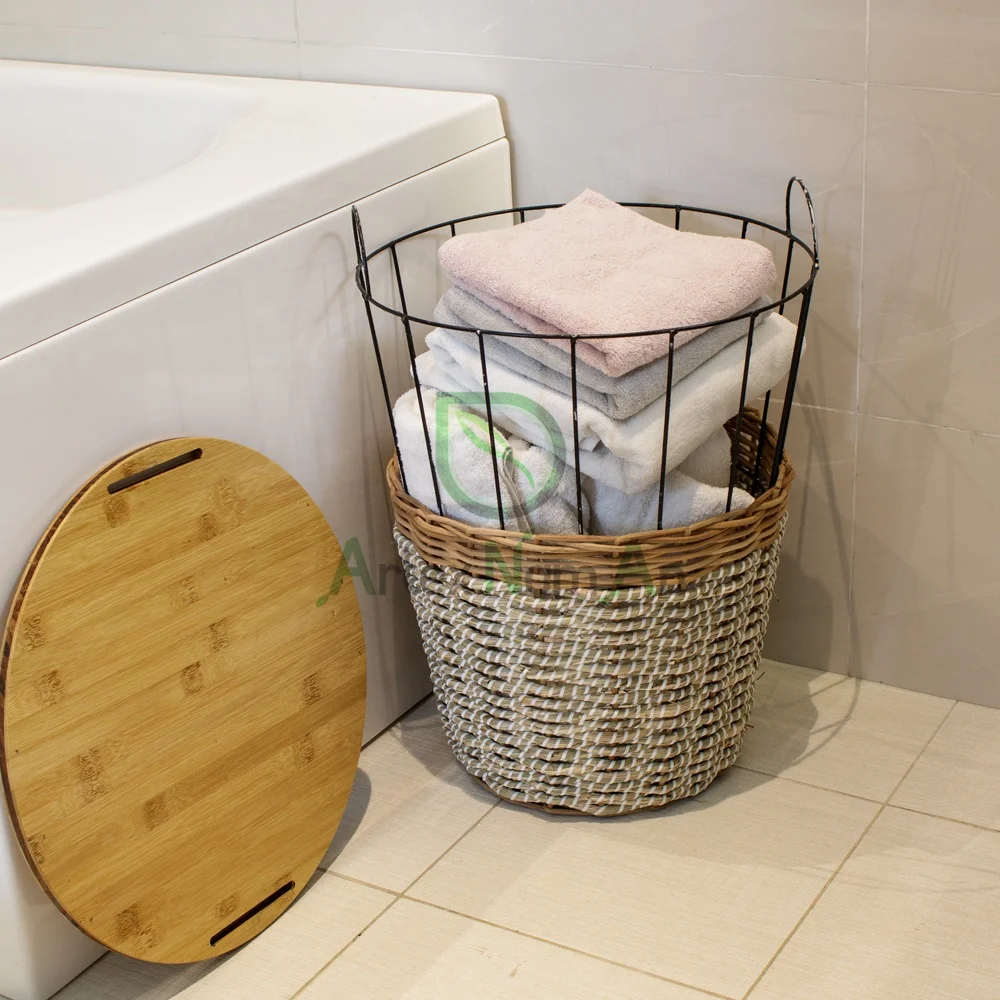 Seagrass Storage Basket Table/side Table With Removable Wooden Lid/living Room Furniture Modern