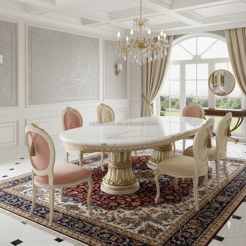 Oval Elegant White Marble Dining Table with Gold Accents for Luxury ...