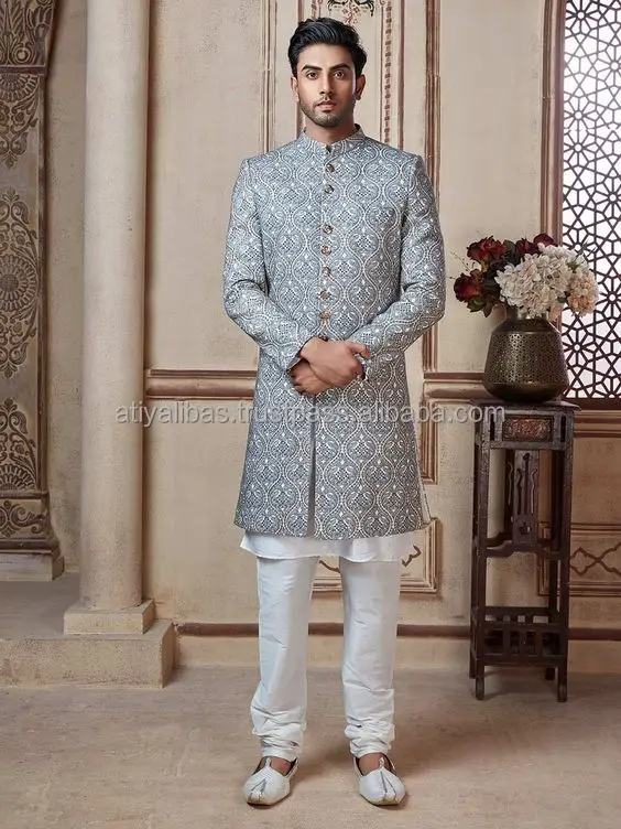 Buy Varun Bahl White Modal Dupion Embroidered Sherwani And Pant Set Online   Aza Fashions