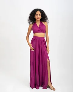 Women's Beautiful Purple Solid Skirt High Waist Long Casual Style with Pockets Nonwoven Weaving Method