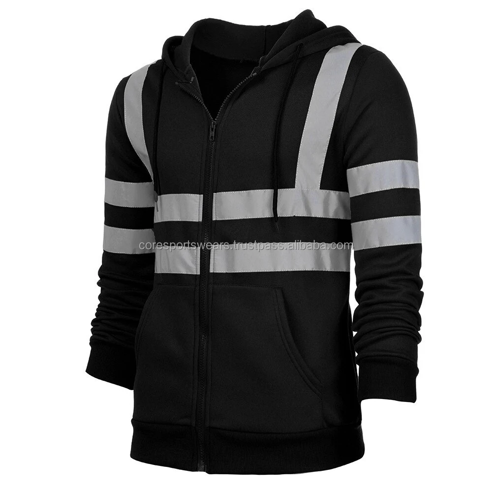 Roadway Safety Reflective Hi Vis Hoodie Zipper Closure Attached Hood