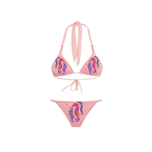 Custom Fabrics Handmade Pink Beaded Embroidery Bikini Set Halter Neckline Two Piece Swimwear Full Craft Set for Women Wear