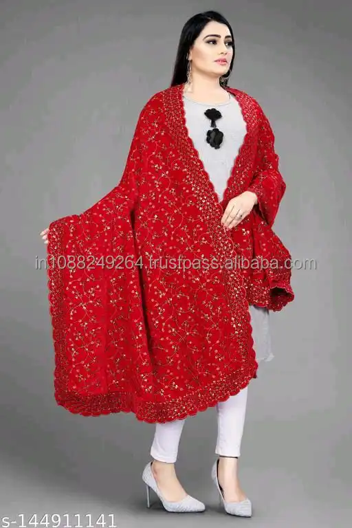 Purple Sequence Embroidery Indian Pakistani Traditional Velvet Dupatta