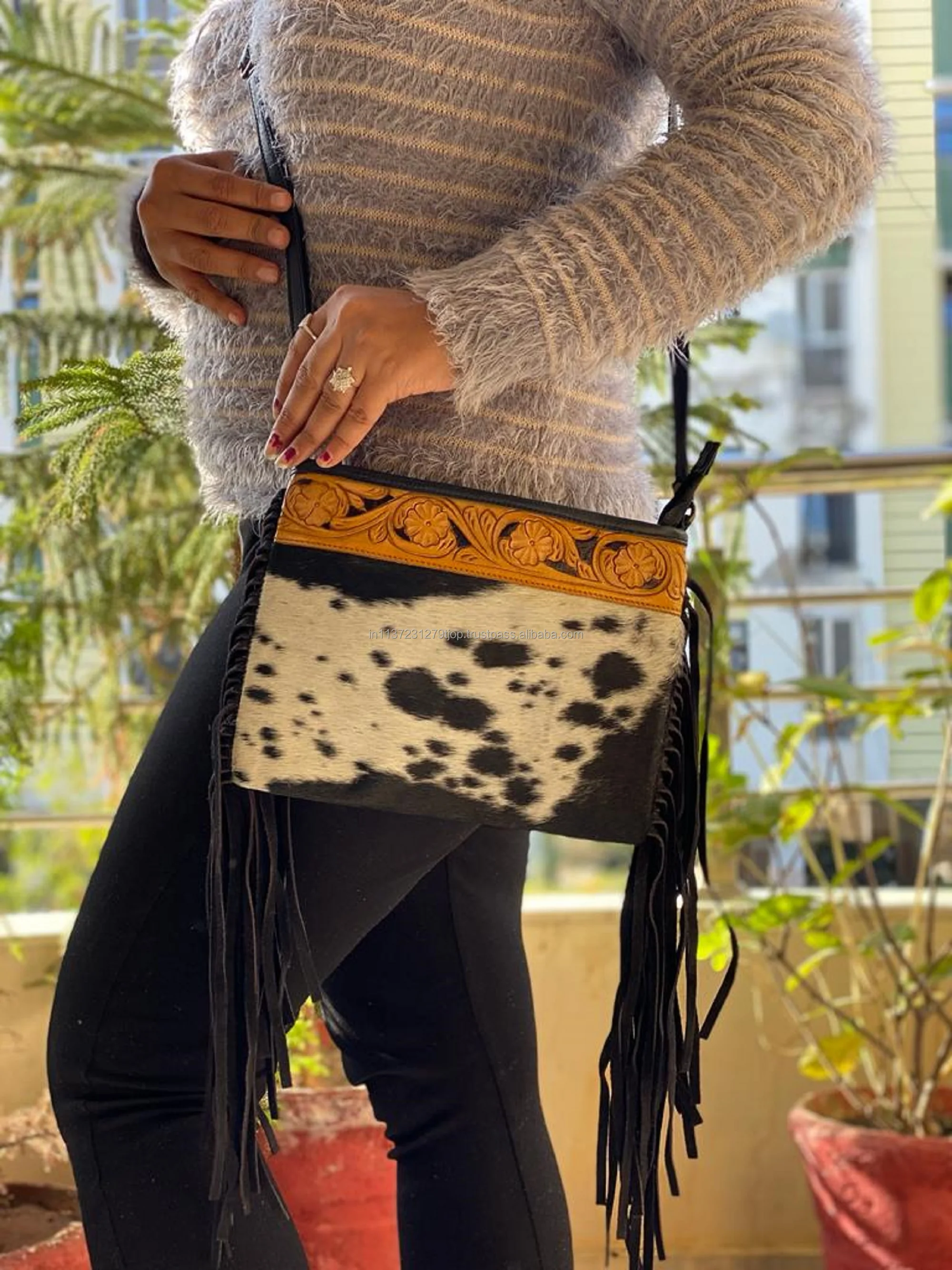 Stylish Western Style Tooled Leather Canteen Bag Handbag High Quality