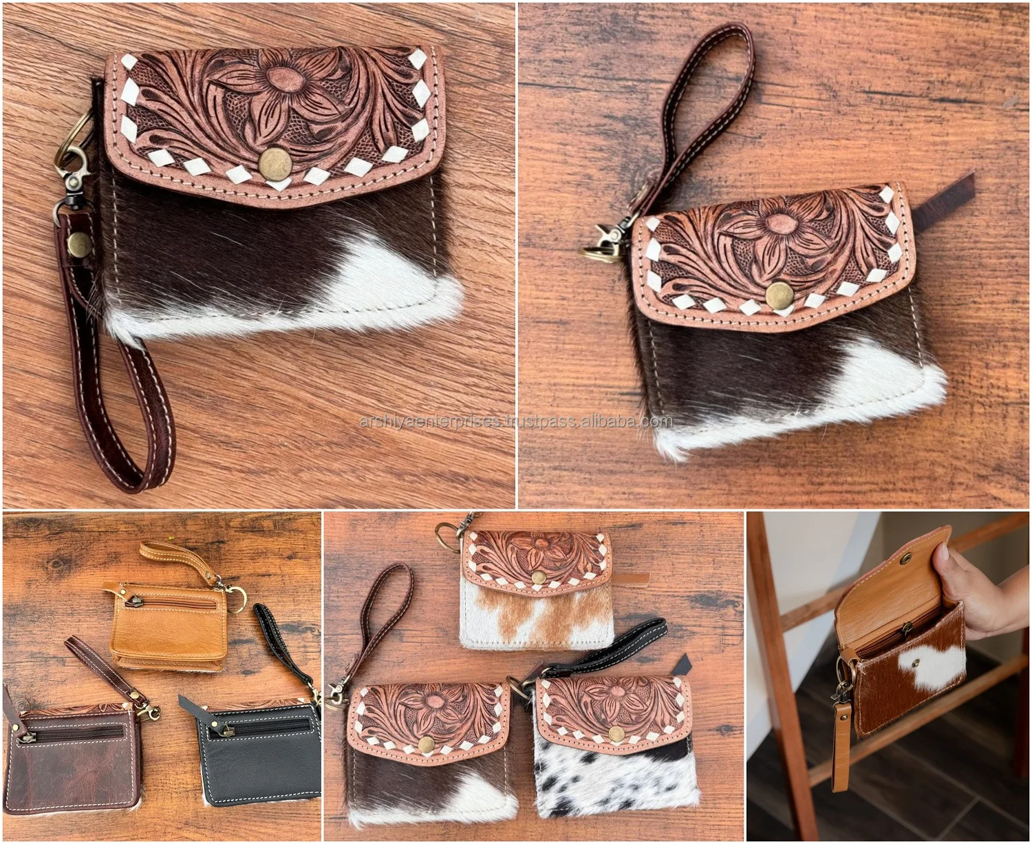 Premium Quality Hand Tooled Leather Small Wristlet Coin Purse Western Hair on Cowhide Leather Multi Uses Mini Wallet for Women's
