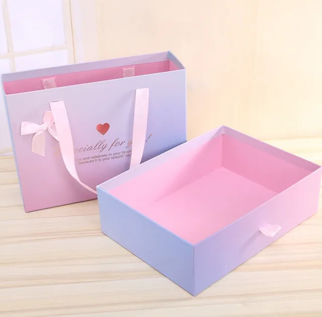 ECO Friendly Custom Logo Printed Cardboard Paper Packaging Drawer Sliding Gift Box with Ribbon Handle