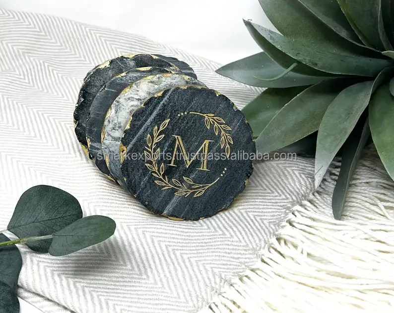Elegant Custom Stone Coasters with Gold Trim Handmade Drink Mats for Tabletop Protection and Stylish Home Entertaining