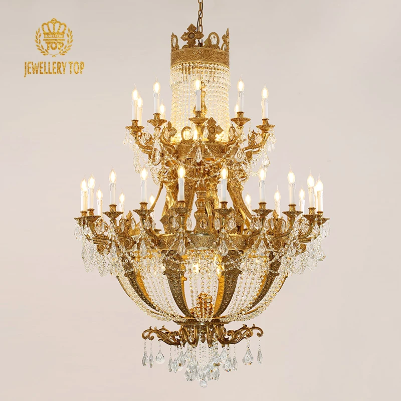 Jewellerytop Neoclassical Lighting Design Customizable Victorian Royal Style Stairwell Luxury Brass Crystal Chandelier