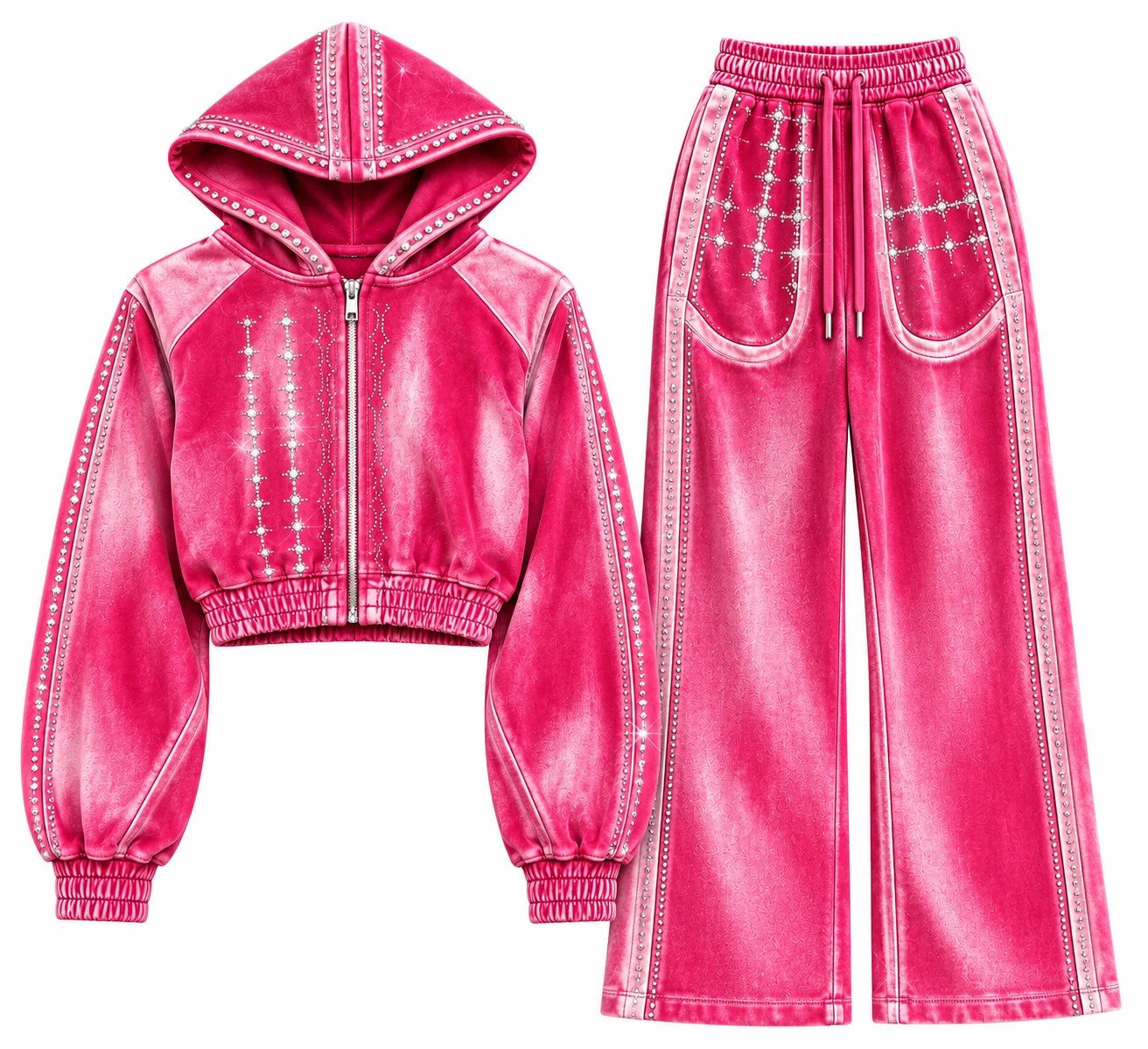 Custom Hot Pink Velvet Color Washed Fabric Tracksuit with Rhinestone Embellished Cropped Hoodie and Wide Leg Pants For Unisex