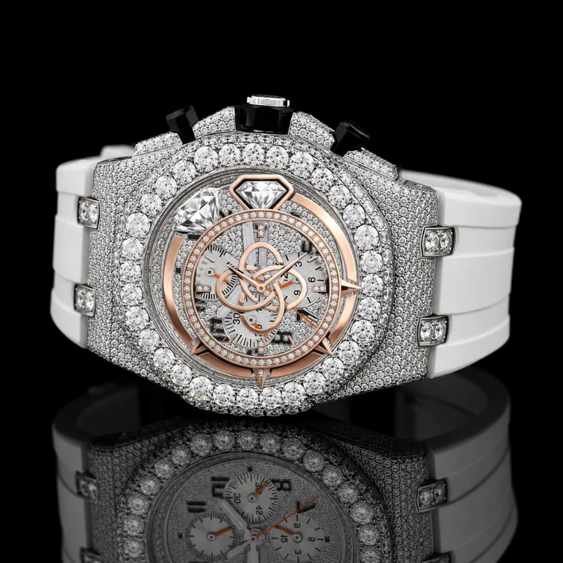 High Quality Moissanite Diamond Men's Watch Full Iced VVS Stones Analog Quartz Stainless Steel Luxury Sapphire Crystal 10 Bar