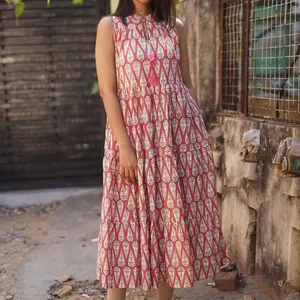 Women's Cotton Summer Dress with Hand-Block Print Digital Printed Solid Pattern Ruffles Knitted Fabric for Autumn/Summer Season