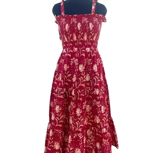 Indian Cotton Block Print Dress Tunic Elastic Red Tier Dress Sleeveless Square Neck Floral Print Partywear Long Maxi Dress