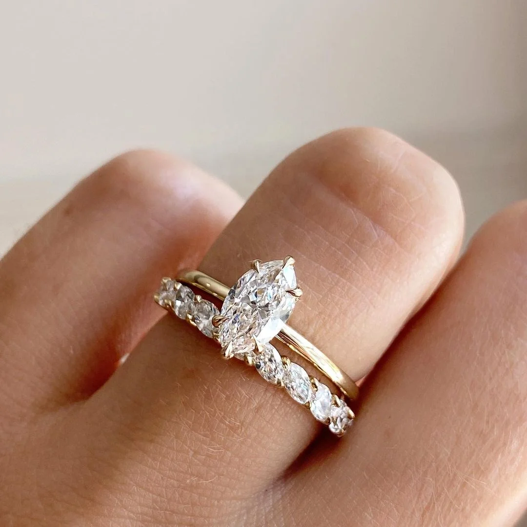 Chic Solid 14K Yellow Solid Gold 7x14mm Marquise Cut Moissanite Engagement Ring Wedding Gold Plated Rings  for Women