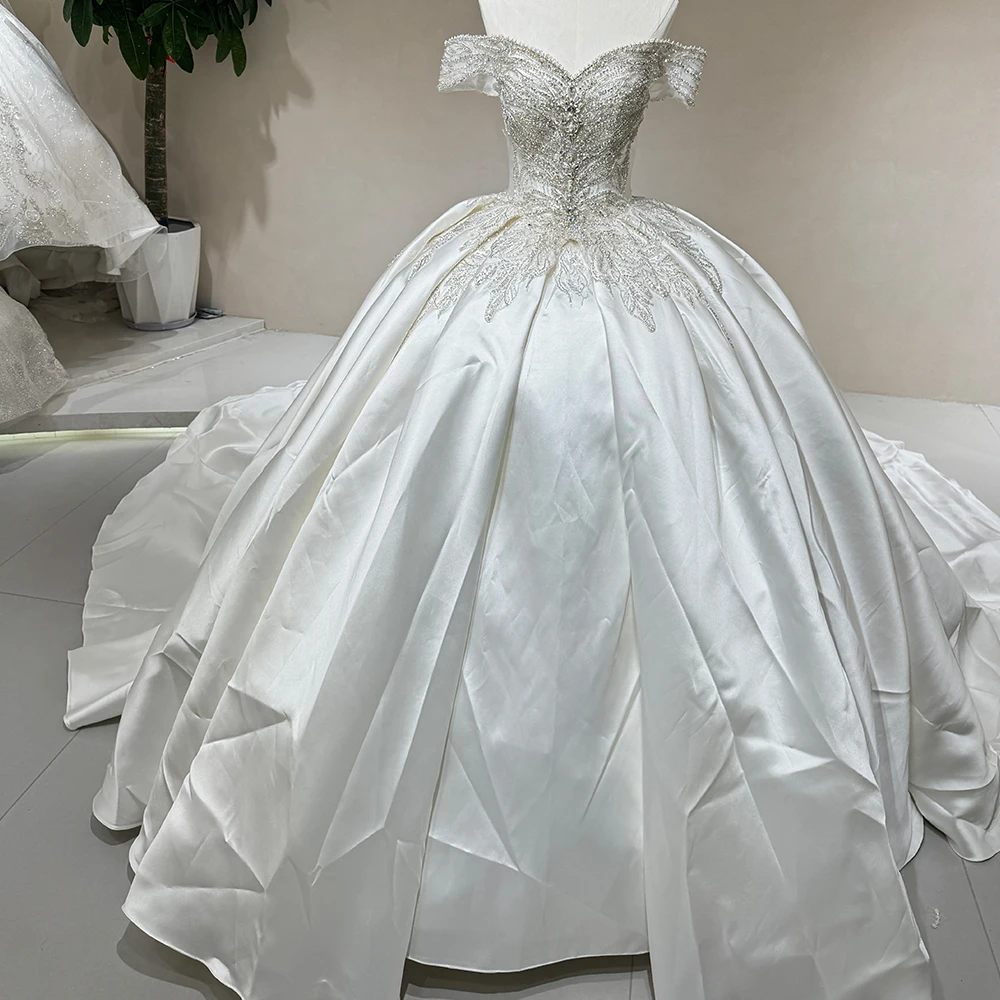 Elegant Soft Satin Beading Puffy Bridal Wedding Dresses