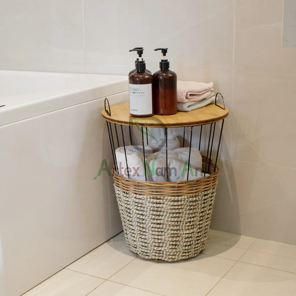 Seagrass Storage Basket Table/side Table With Removable Wooden Lid/living Room Furniture Modern