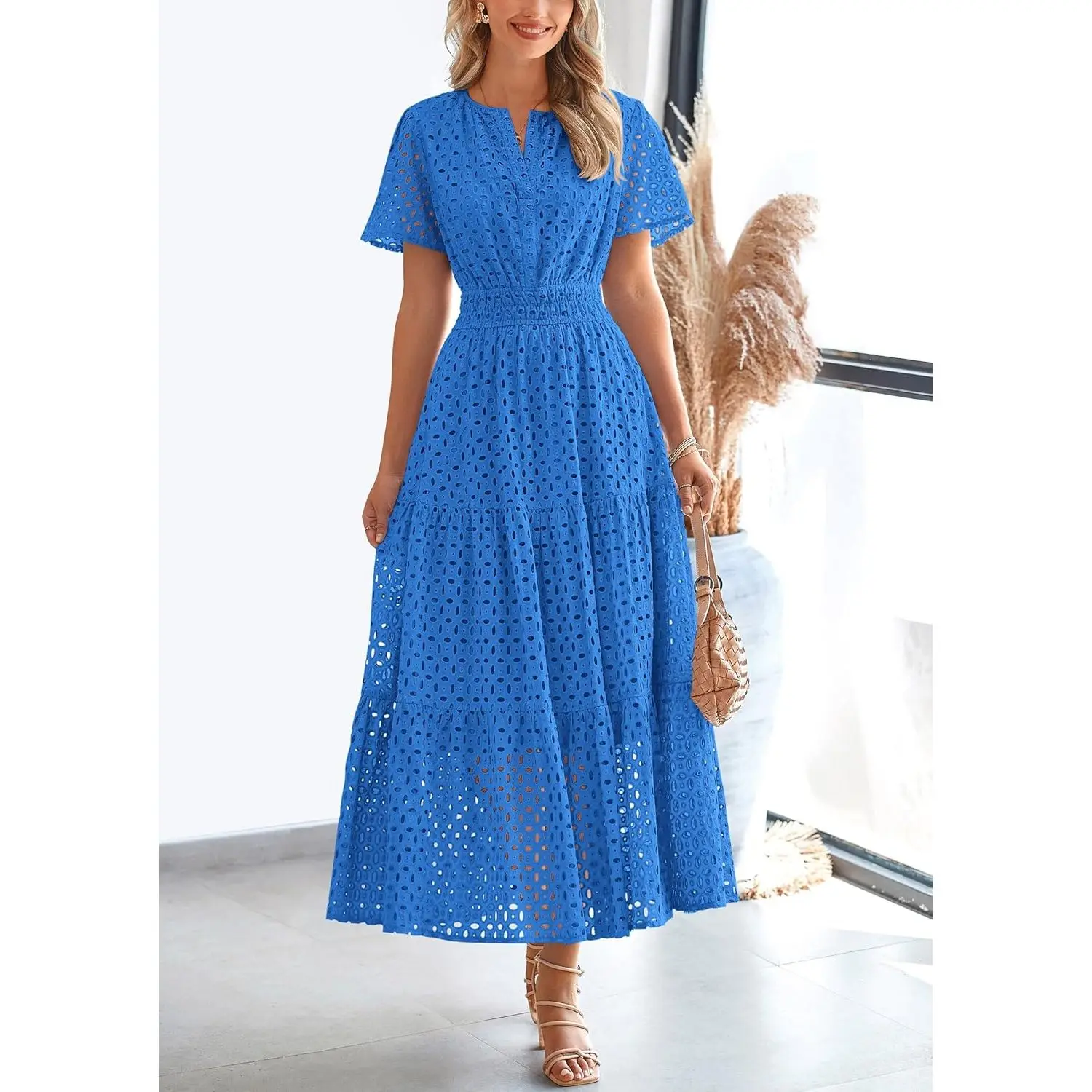 Women's Summer 2025 Maxi Dress V-Neck Hollow Eyelet Line Short Sleeve Long Flowy Beach Vacation Belt XS Size B0DJ2TW6KG