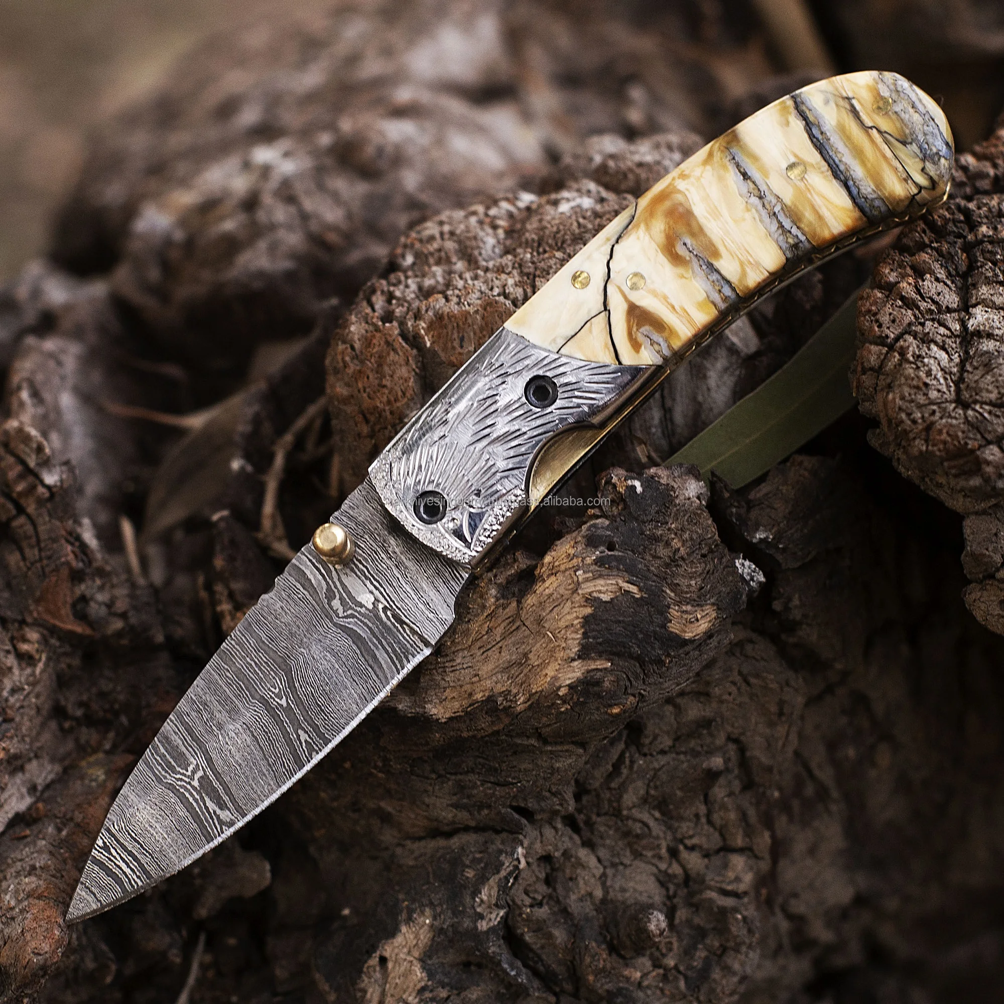 Premium Utility Folding Knife with Damascus Blade and Leather Case main image 1