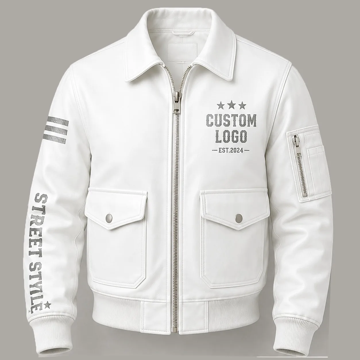 Custom White Leather Bomber Jacket with Zipper Pockets Streetwear Style & Premium Graphic Details For Unisex Comfort Wear