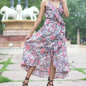 Hand Block Printed Dress Indian Tunics Indian Cotton Long Gown V-neck Sleeveless Indian Cotton Printed Dress For Women