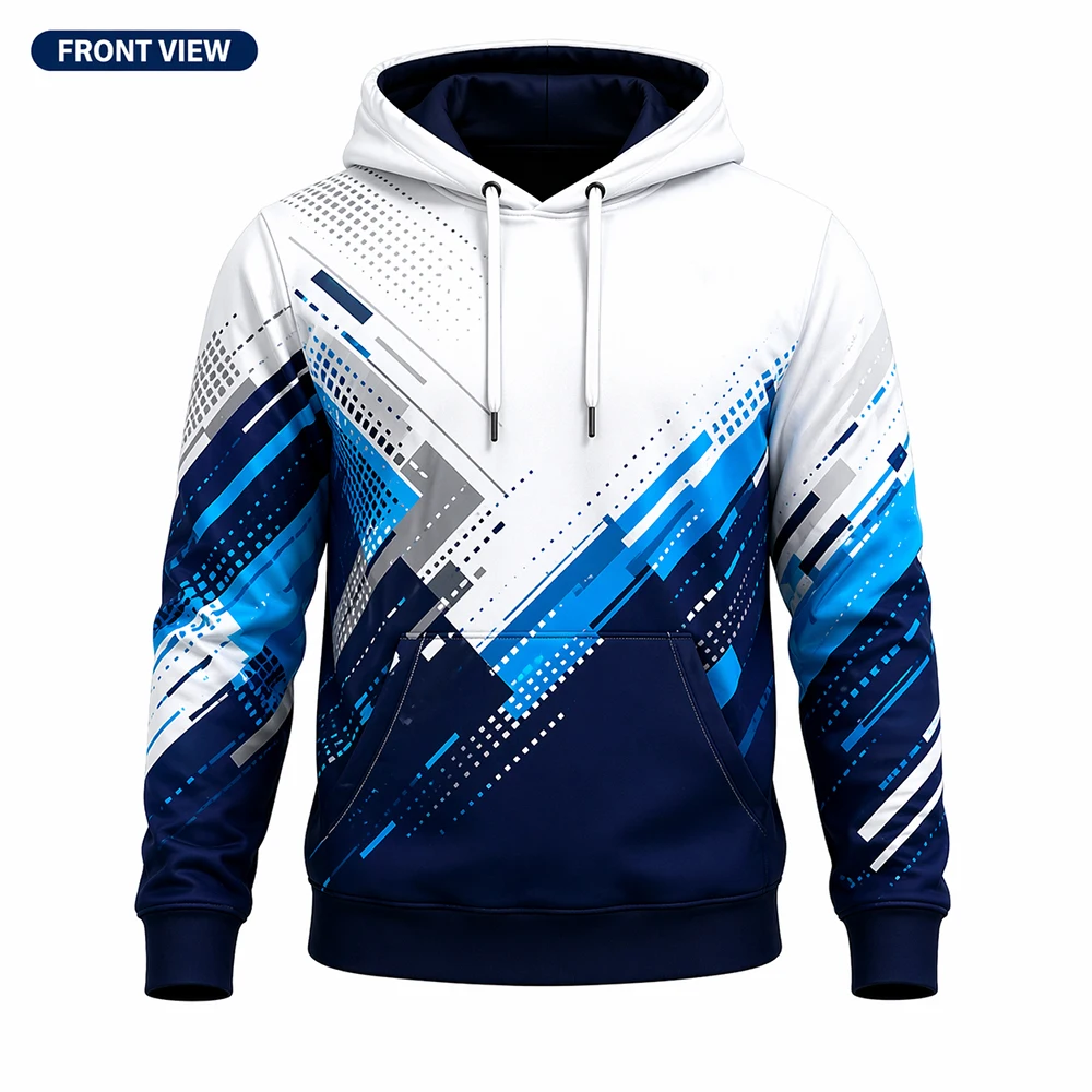 Blue White Geometric 100% Cotton Winter Knitted Hooded Sweatshirt Pullover Front Pocket Premium Breathable Casual Regular Fit