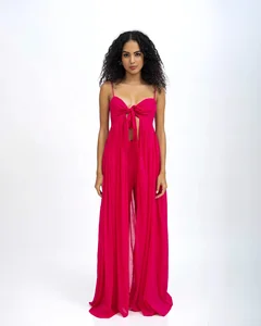 Women's Cotton Casual Style Bow Tie-Up Front Sleeveless O-Neck Top Coord Set with Plain Dyed Solid Pattern Summer Season