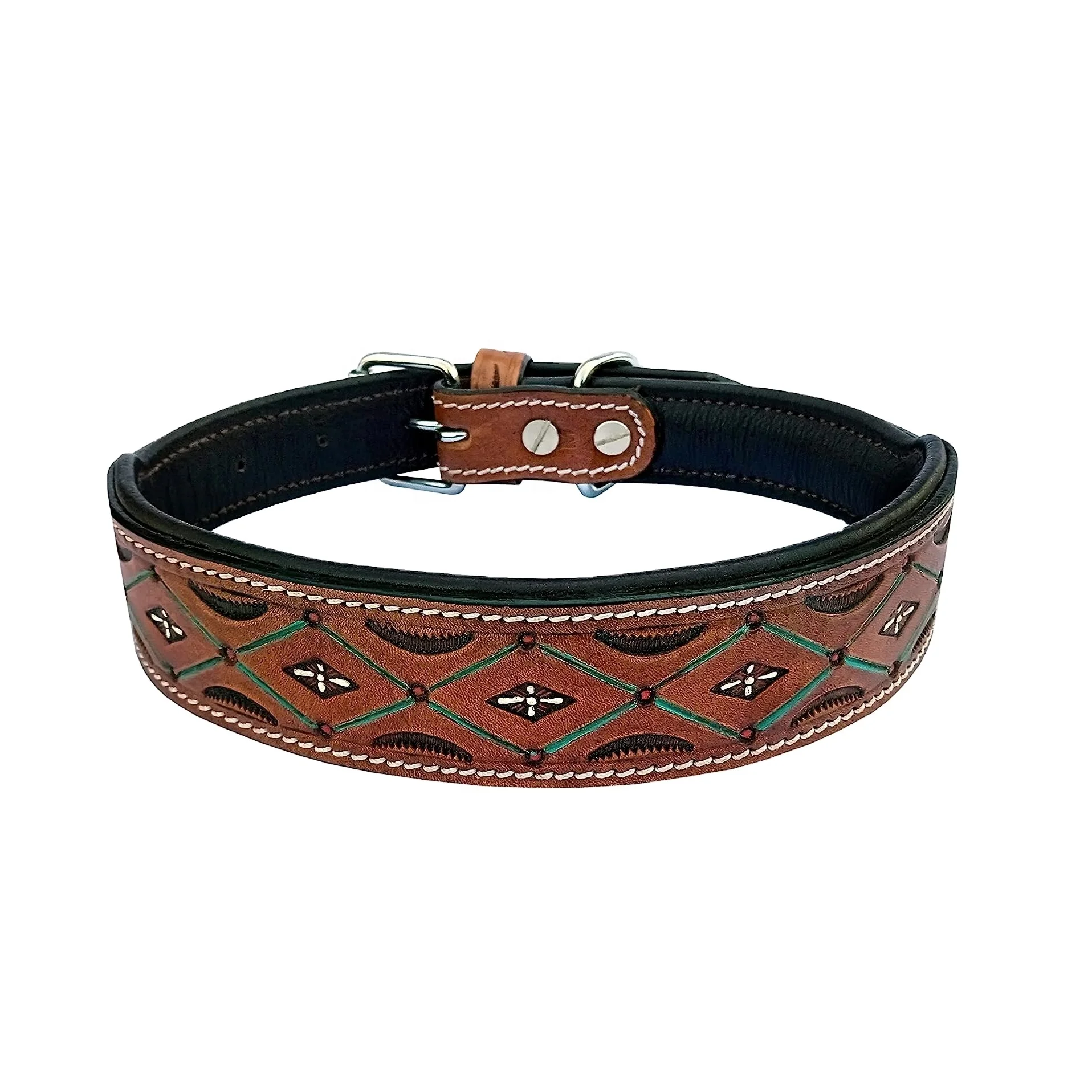American Style Soft Padded Fully Hand Tooling Dog Collar With Carving