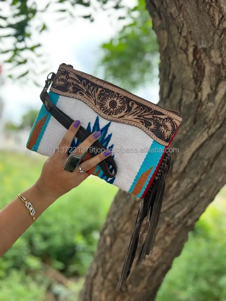 Aztec hand embroidered semi circle clutch bag for women main image 1