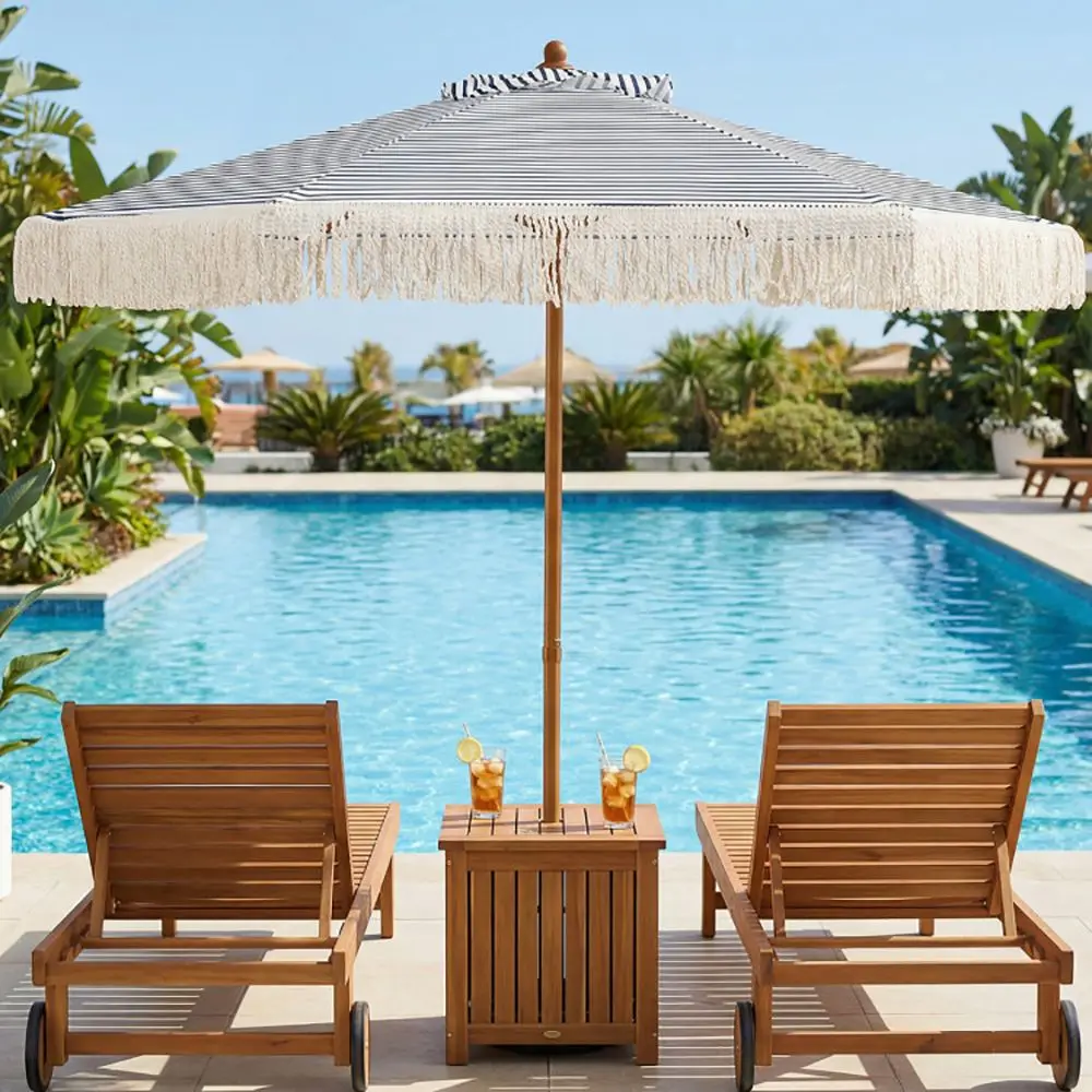boho patio umbrella with fringe – 8 Fiberglass Ribs Wooden Pole – Outdoor Tassel Umbrella For Garden, Deck beautiful imperfections Wind & Sea Classic White