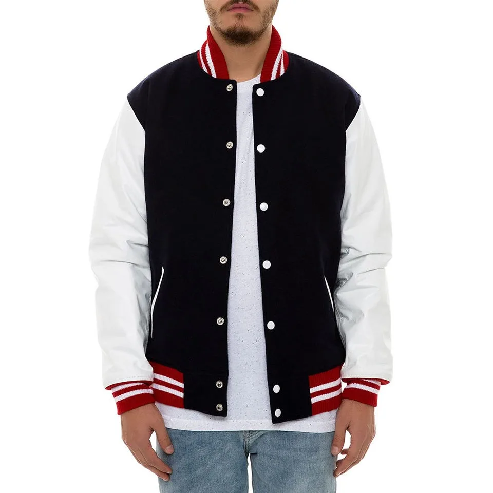 High Quality Men's Varsity Jacket Slim Fit Letterman Varsity Jacket Wool Body Genuine Leather Sleeves Breathable Stand Collar