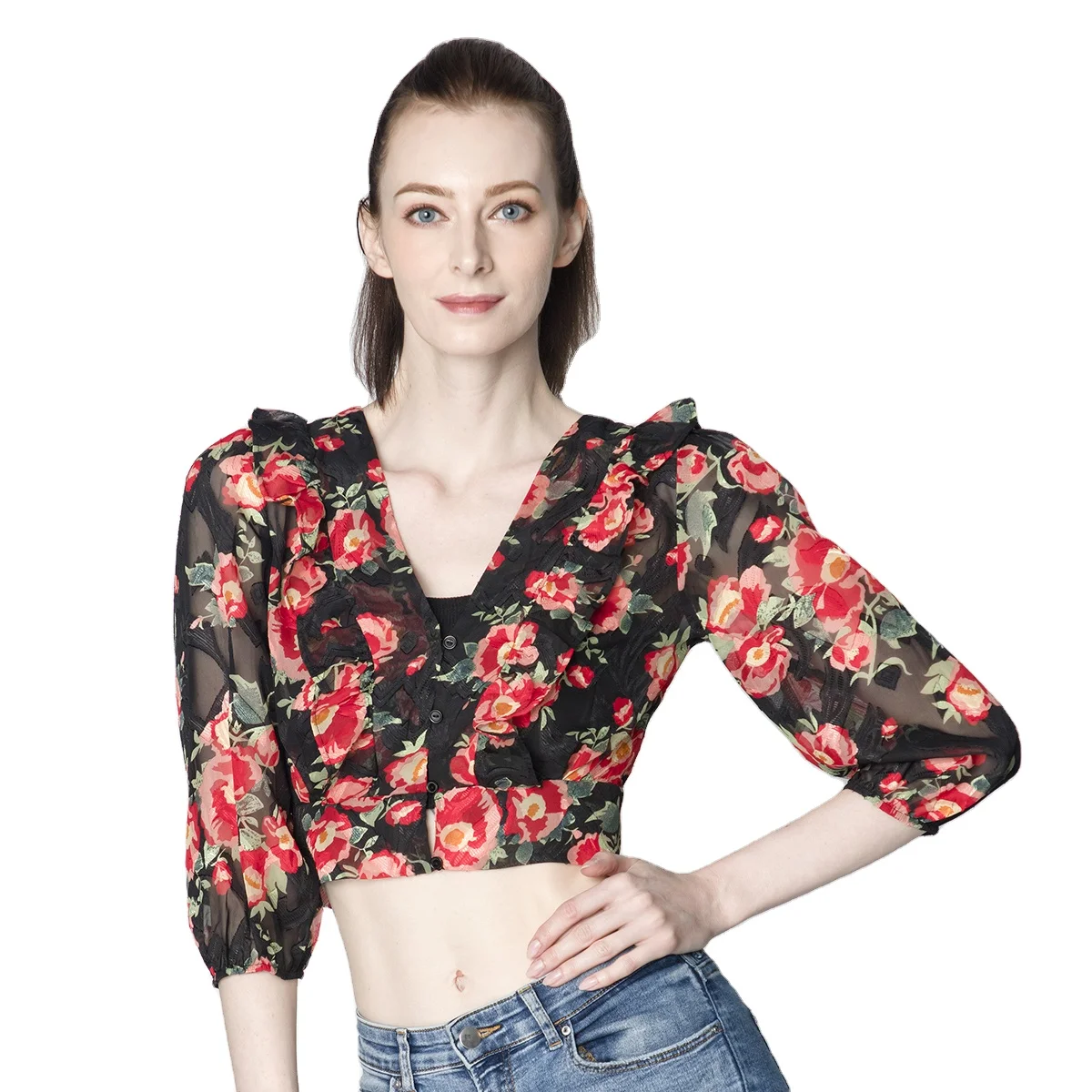 Женский модный топ, рубашка для девочек, Короткий Повседневный женский топ с оборками и принтом (21014)