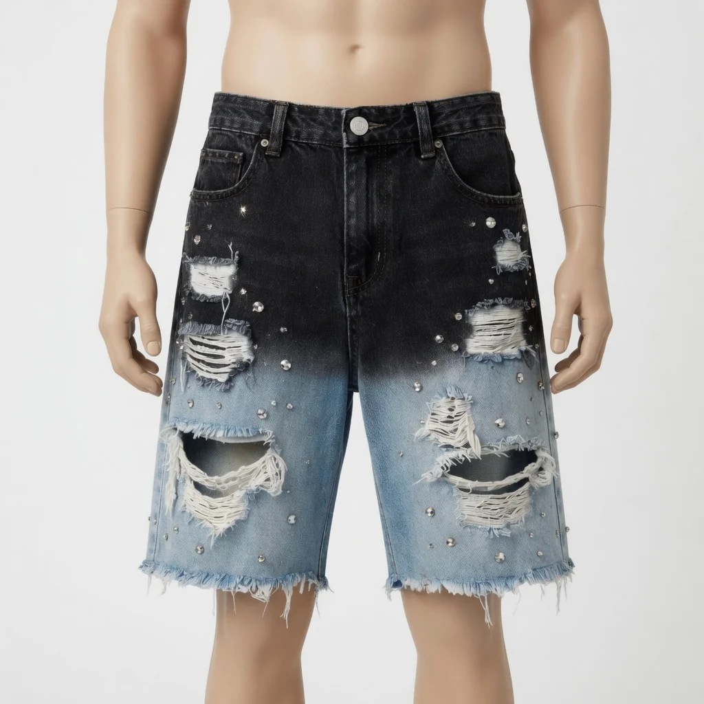 Ibex Custom Distressed Ripped Denim Shorts With Heavy Rhinestone Studs Trendy Fashion For Unisex Street Wear & Fashion Wear