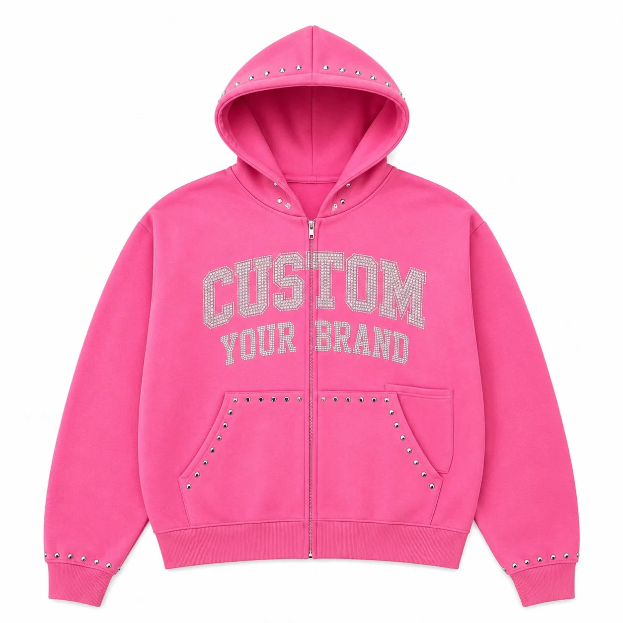 Custom Pink Studded Zip Up Hoodie For Men Oversized Streetwear Fashion Sweatshirt Rhinestone Embellished Hood Casual Pullover