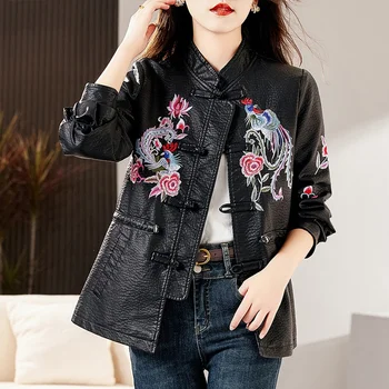 New women's jacket coat Fashion zipper embroidered leather jacket coat Autumn and winter women's clothing hot sale in Europe