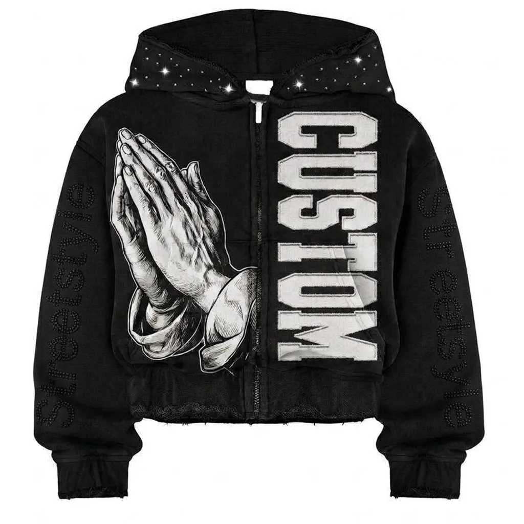 Custom Black Graphic Rhinestone Hoodie Jacket with Praying Hands Print Stylish Street Wear Design For Unisex Wear
