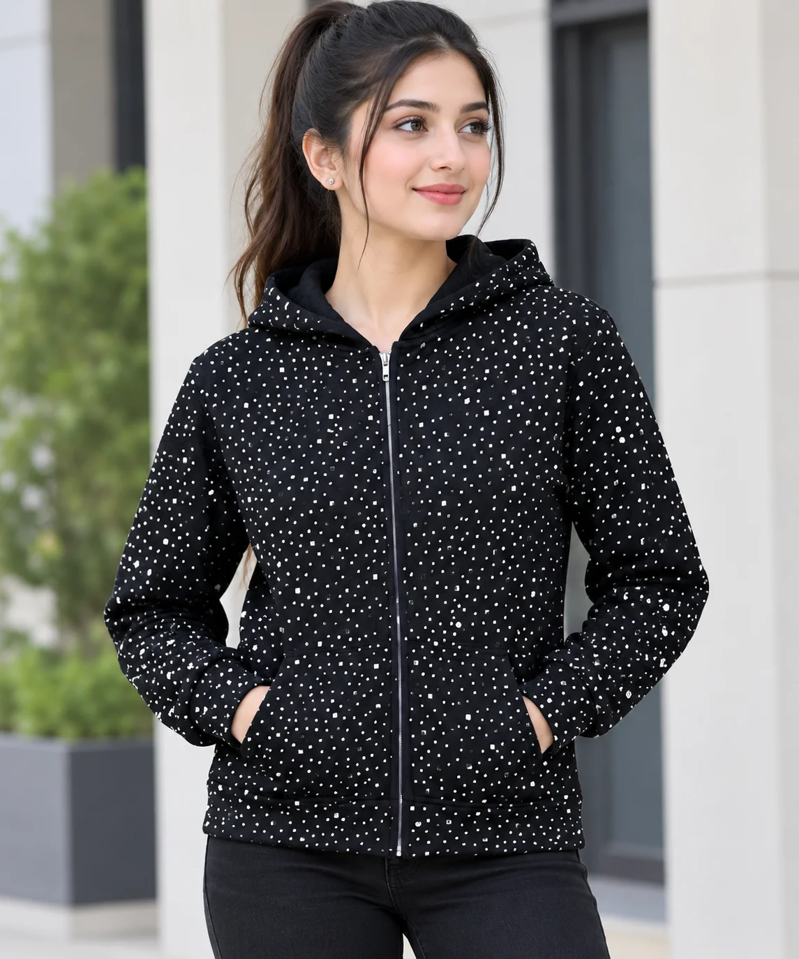 Custom Oversized 100% Cotton With Rhinestone Zipper Hoodie New Trendy Look For Sleeveless Wear Comfortable Wear