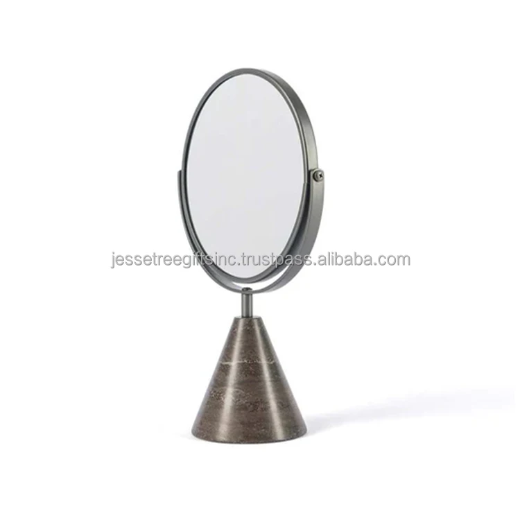 Metal Frame Table Mirror With Brown Marble Base Black Powder Coating