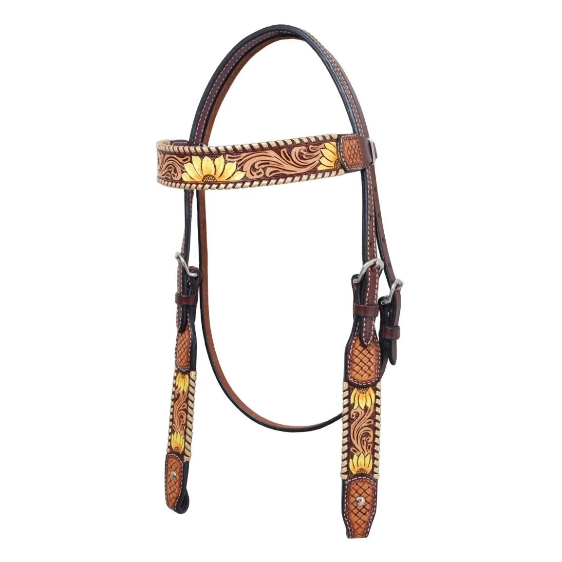Sunflower Hand Tooled Cowhide Western Leather Headstall/ Western Bridle With Whip Stitching By