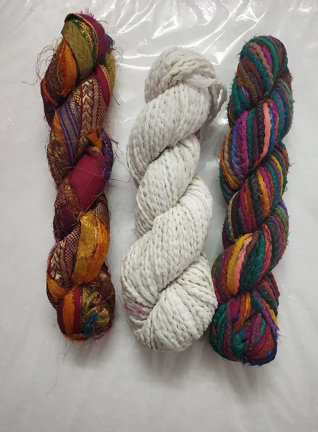Recycled Sari Silk Yarn in Multicolor Per kg for Knitting Embroidery Weaving Art Crafts