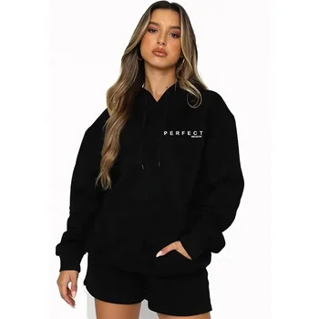 Perfect Custom Logo Soild Oversized Hoodies & Shorts Set Women Black ...