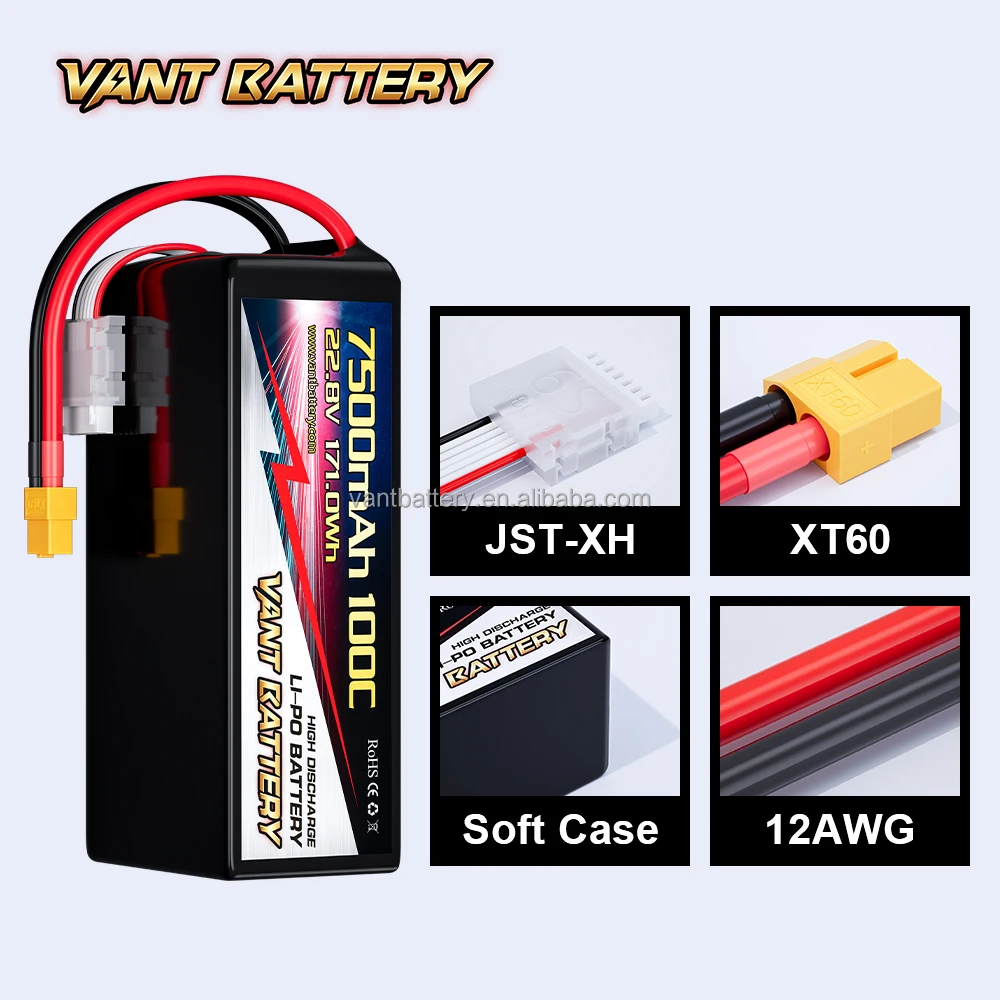 Vant Fpv Drone Battery 6s 22.8v 7500mah 100c For 7-8inch 400mm-450mm X8 