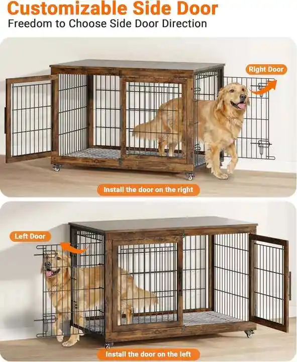 Modern Custom Solid Pattern Wooden Pet House Double-Door Living Room Furniture with Button Closure and Mats for Dogs