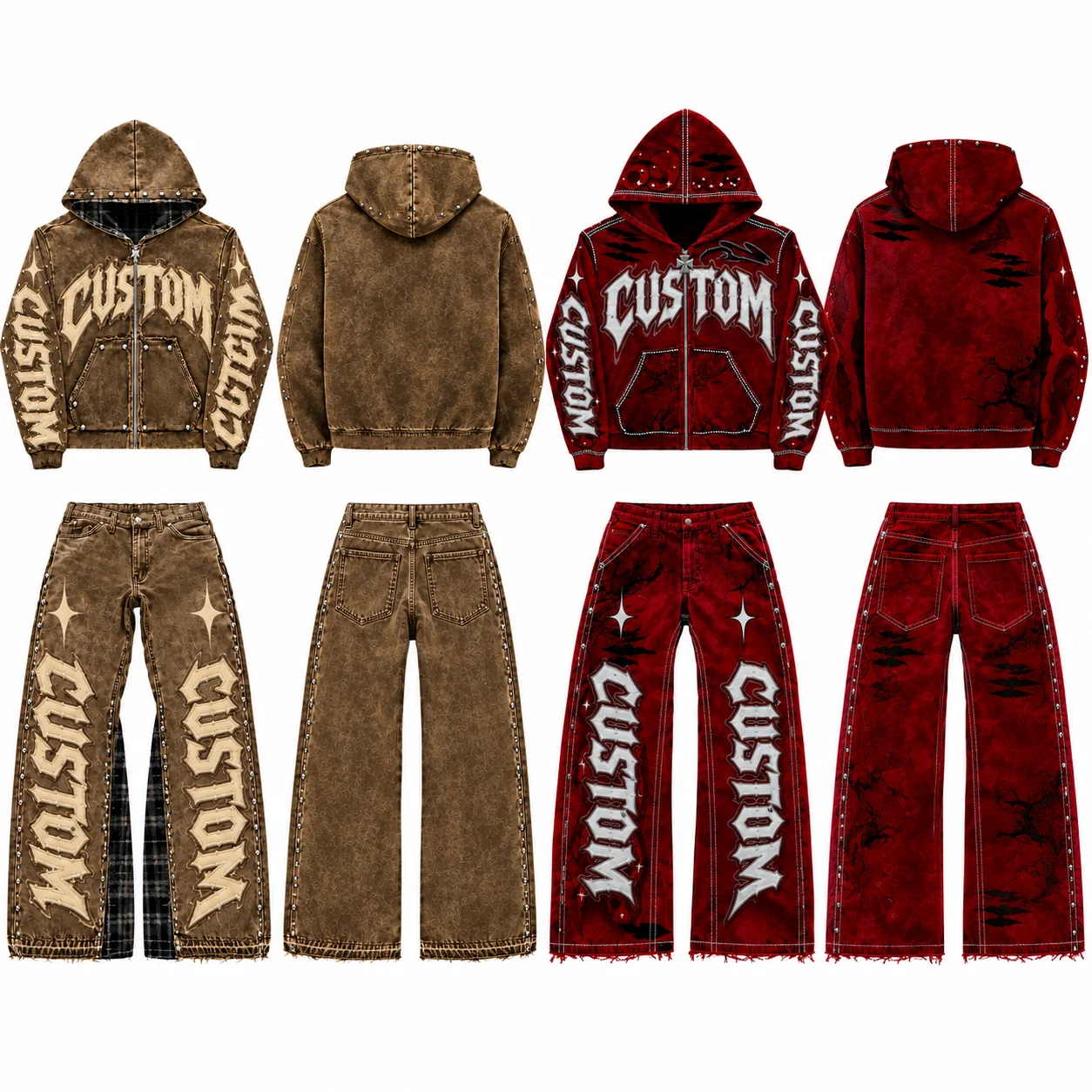 Custom Streetwear Oversized Fleece Lined Solid Hoodie & Wide Leg Pants Set Vintage Graphic Print Casual Unisex Tracksuit