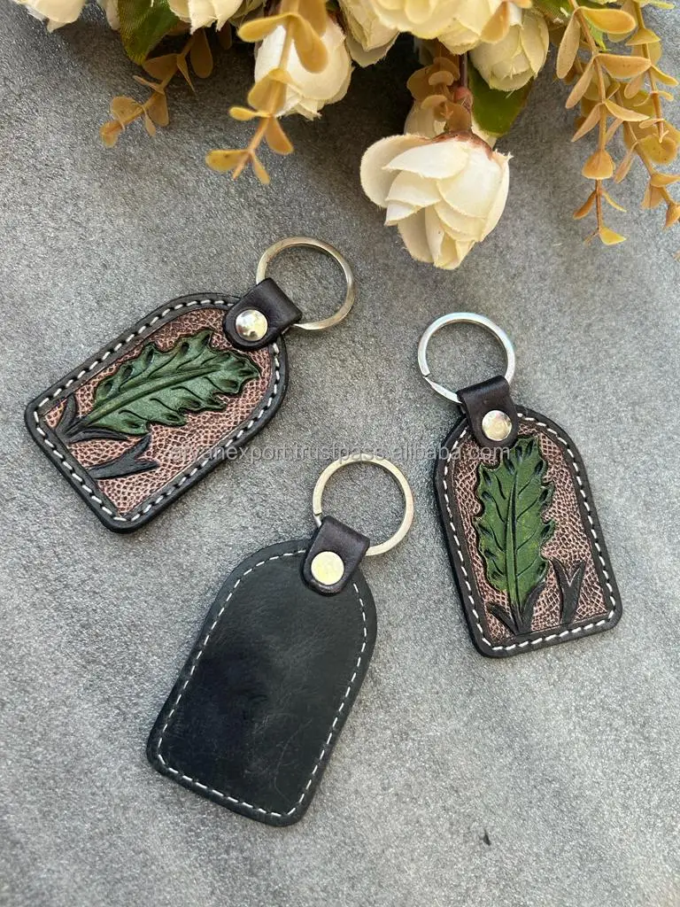 Hand Carved Tooled Leather Key Chains Cute Exotic Shape Leather Key Rings Tooled Leather 