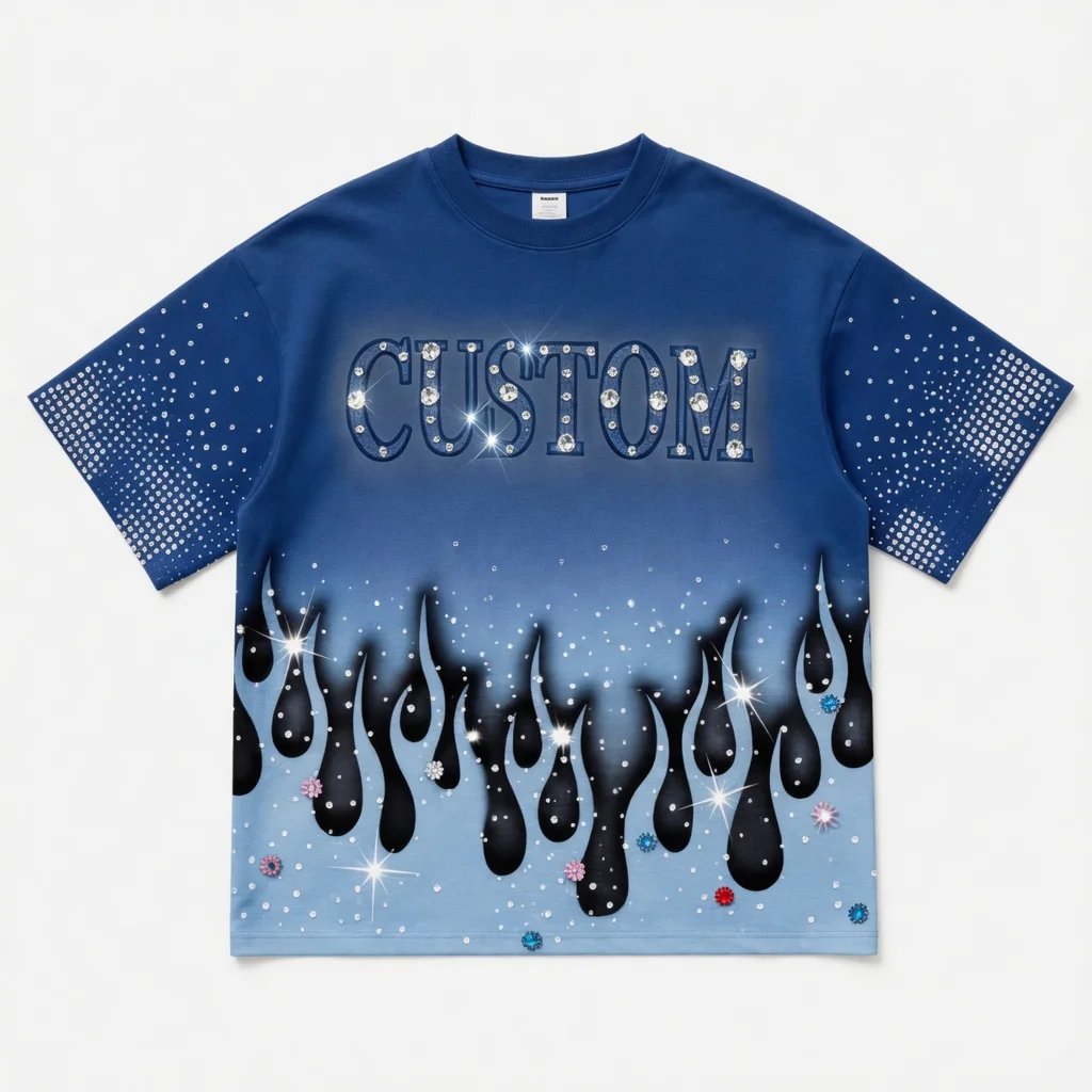 Glory Custom Sun Fade Rhinestone Oversized T Shirt Screen Print Drop Shoulder Premium Quality T Shirt OEM Wholesale