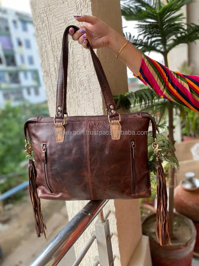 New Real Handmade Tooled Aztec Leather Fringe Messenger Bags Women Stylish Laptop Bags Elegant