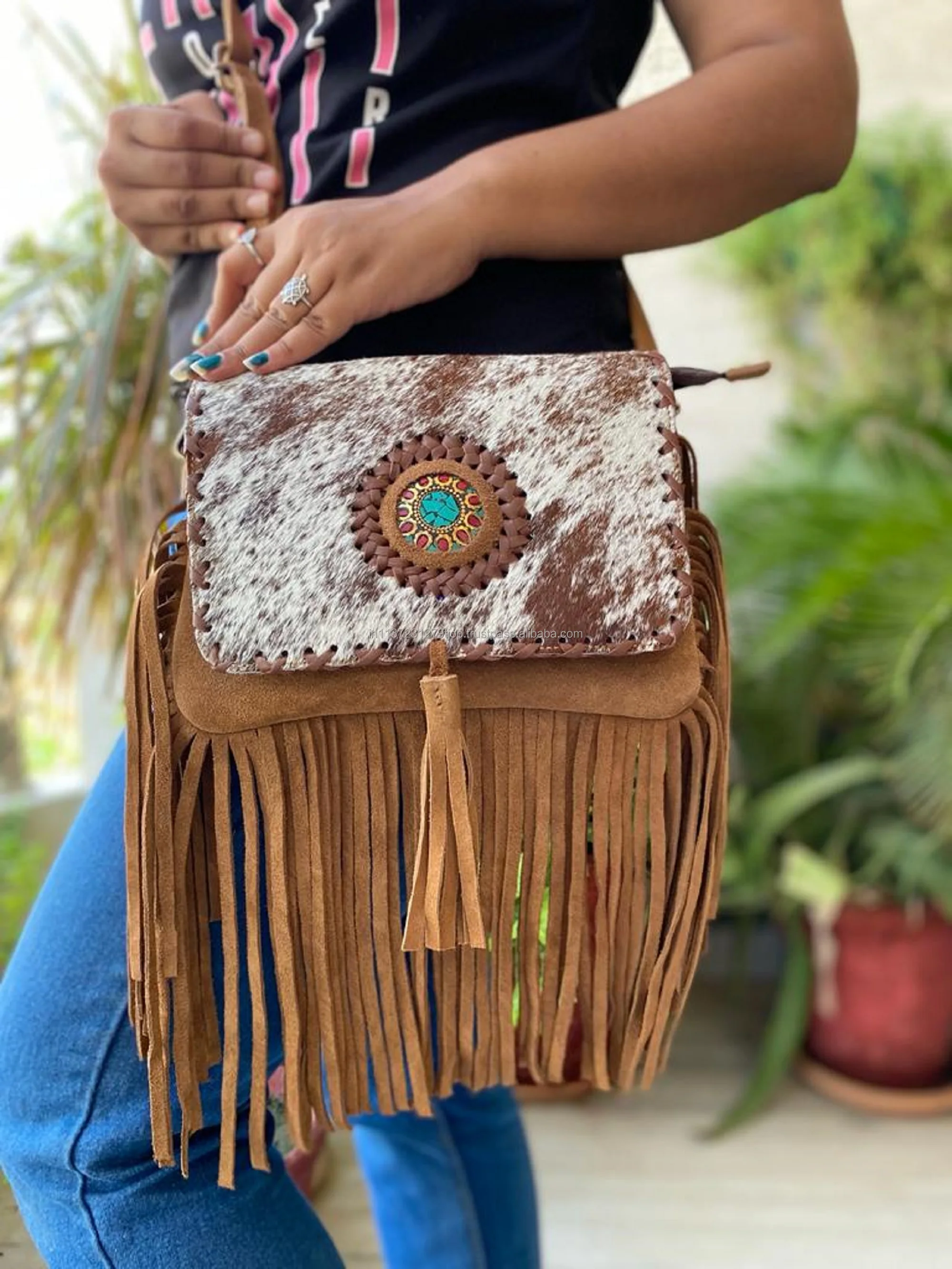 Source New Western Style Hair On Hide Fur Suede Leather Fringe Bag High  Quality Boho Women Leather Shoulder Bag With Turquoise Stone on  m.