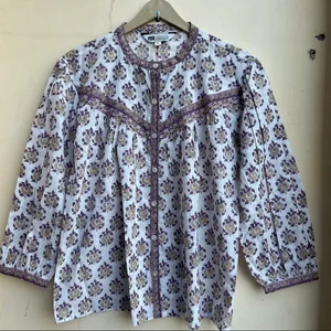 Women Floral Block Print Button Down Blouse and Top Travel Wear Cotton Blouse Tops Round Neck Long Sleeve Floral Print Top