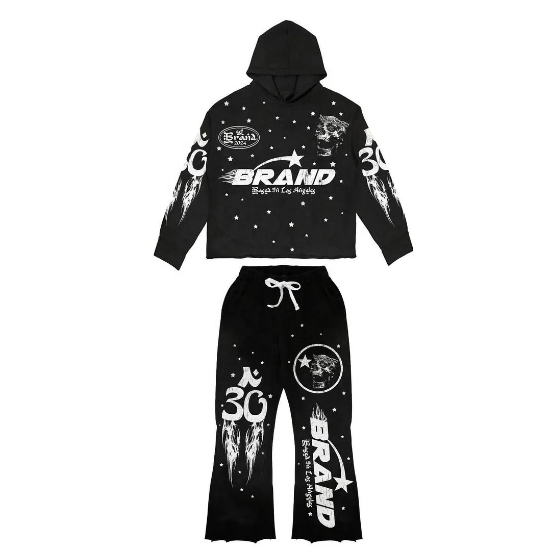 2026 BRAND Unisex Winter Streetwear Tracksuit Full Sleeve Hooded Sweatshirt and Drawstring Pants Solid OEM ODM Streetwear Style