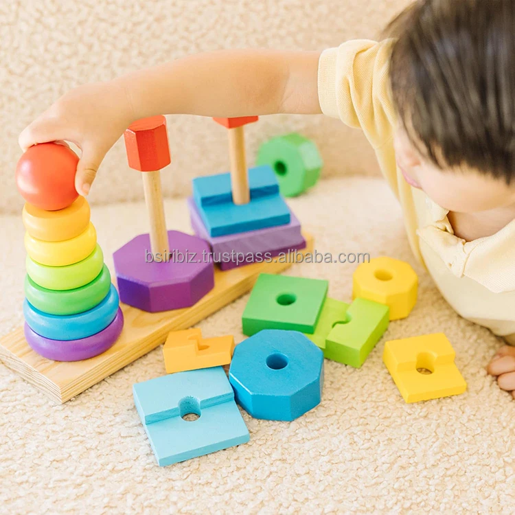 Shape Sorter and Stacking Toy Geometric Stacker Wooden Educational Toy for Babies Toddlers and Kids at Reasonable Price