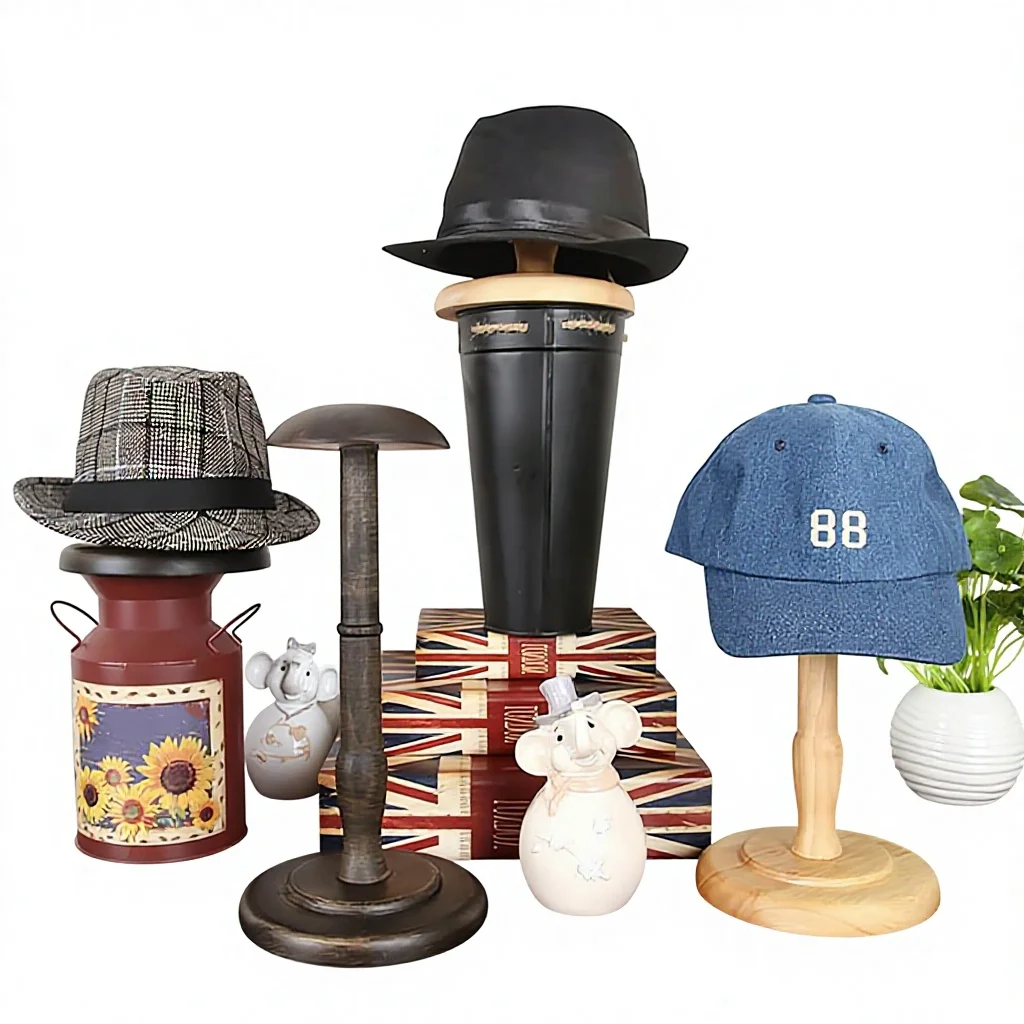 Durable Vintage Wood Hat Display Stand for Retail & Home Use